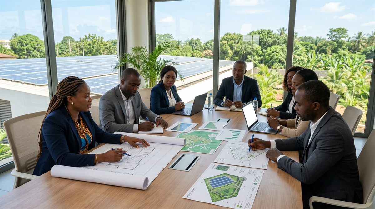 Cadres en réunion de travail sur un projet climat devant un champ de panneaux solaires